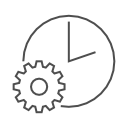 Line art of a clock with a cog in front of it.