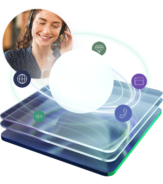 3D Illustration of multiple flat rectangular planes with a glowing orb on top of it, surrounded by different services