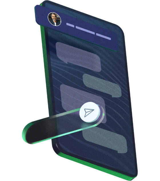 3D Illustration of a phone showing a chat conversation and input bar
