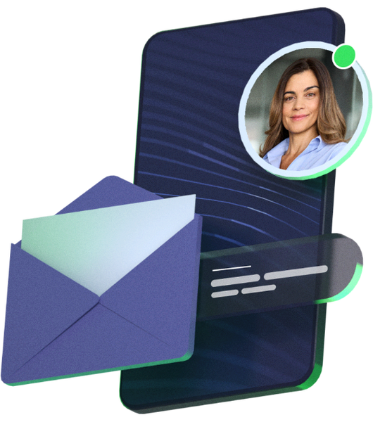 3D Illustration of a phone with an envelope and an avatar floating over it