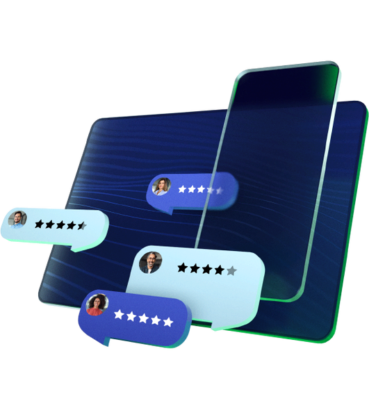 3D Illustration of stacked devices with rating chat bubbles floating over them