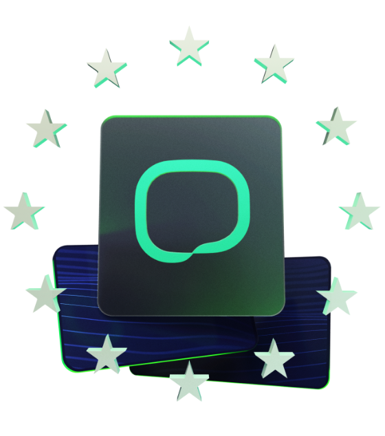 3D Illustration of the Seamly logo overlaying two floating panels surrounded by stars as on the EU flags