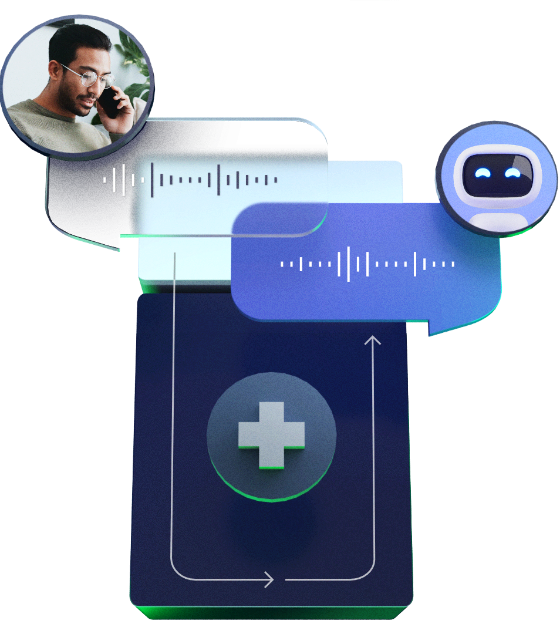 A 3D illustration containing a person talking to a bot with waveforms in bubbles, routed trough a blue block with a cross on a round disc symbolising healthcare.