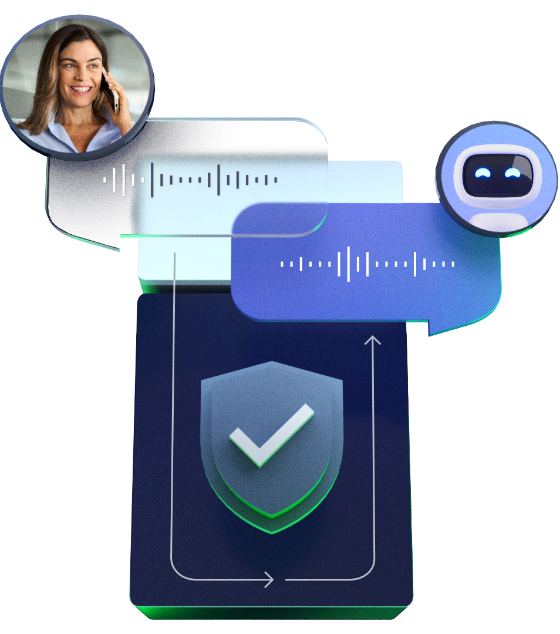 A 3D illustration containing a person talking to a bot with waveforms in bubbles, routed trough a blue block with a shield and a checkmark symbolising insurance.