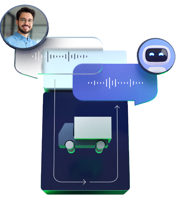 A 3D illustration containing a person talking to a bot with waveforms in bubbles, routed trough a blue block with a stylised truck symbolising logistics.