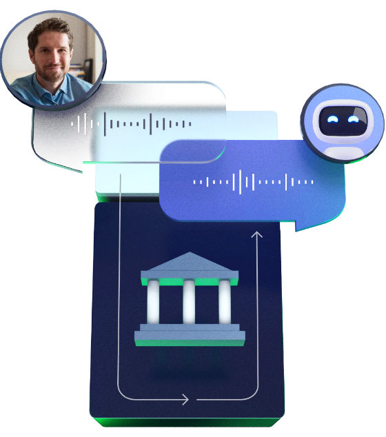 A 3D illustration containing a person talking to a bot with waveforms in bubbles, routed trough a blue block with a stylised building symbolising public sector.