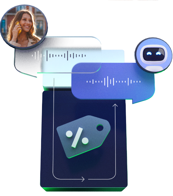 A 3D illustration containing a person talking to a bot with waveforms in bubbles, routed trough a blue block with a stylised label with a percent sign symbolising retail.