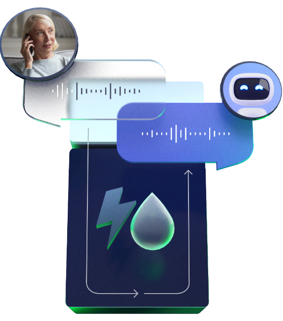 A 3D illustration containing a person talking to a bot with waveforms in bubbles, routed trough a blue block with a drop and a electricity symbol.