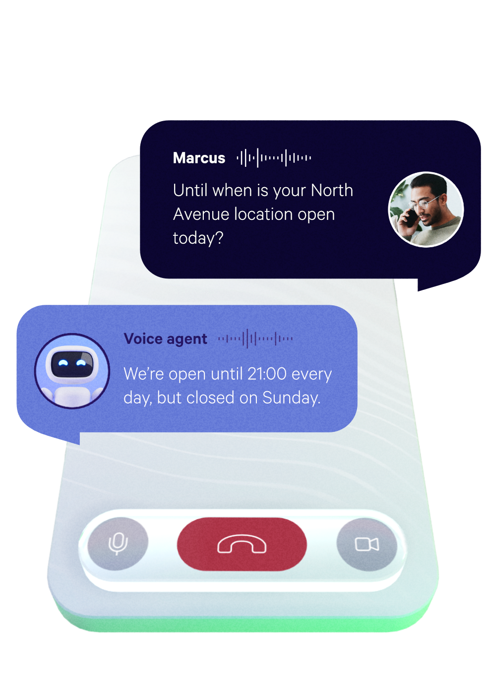 A 3D illustration of a phone showing a phonecall between a customer named Marcus and a voice agent. The customer says: "Until when is your North Avenue location open today?". The agent replies: "We're open until 21:00 every day, but closed on Sunday."