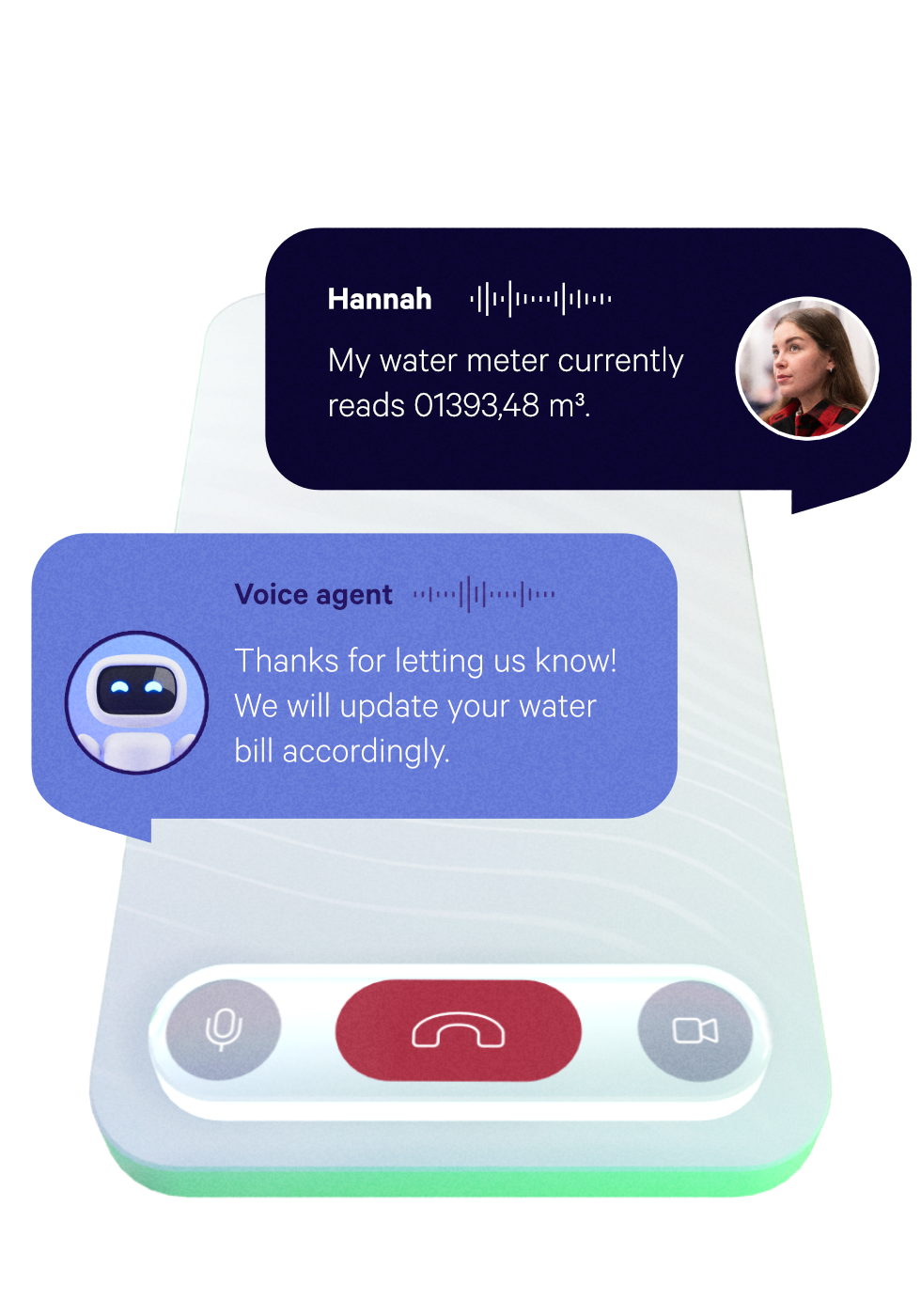 A 3D illustration of a phone showing a phonecall between a customer named Hannah and a voice agent. The customer says: "My water meter currently reads 01393,48 m3". The agent replies: "Thanks for letting us know. We will update your water bill accordingly."