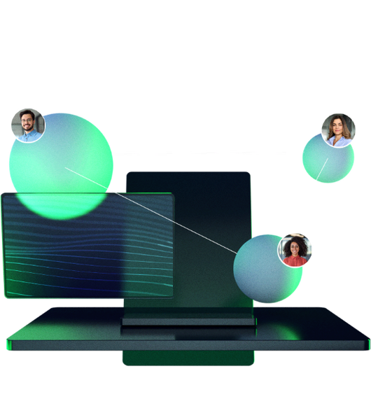 3D Illustration of a desk with avatars floating over it