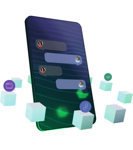 3D Illustration of a phone with cubes representing different channels floating around it