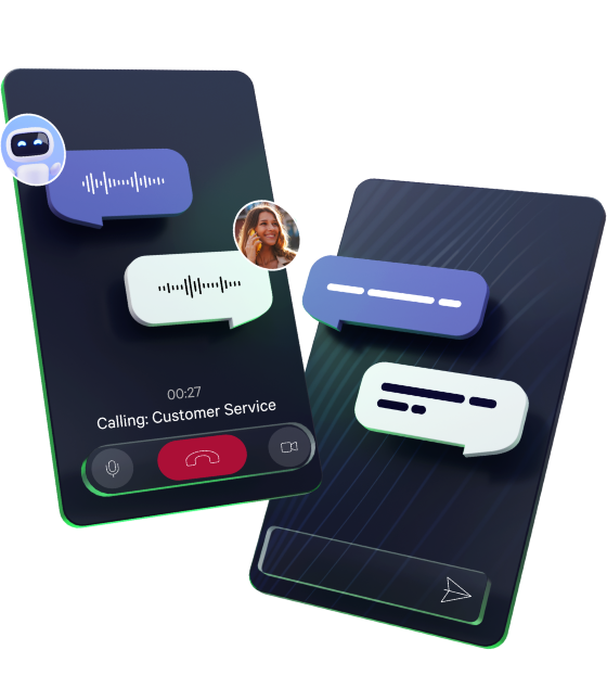 A 3D illustration showing a voice call on the left, and a written chat conversation on the right, with Seamly connecting the two in the middle.