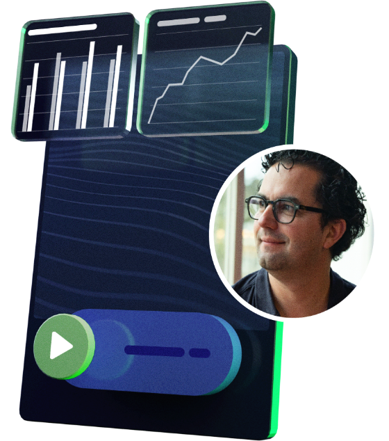 A 3D illustration of a stream, with a play button in front and some graphs on top